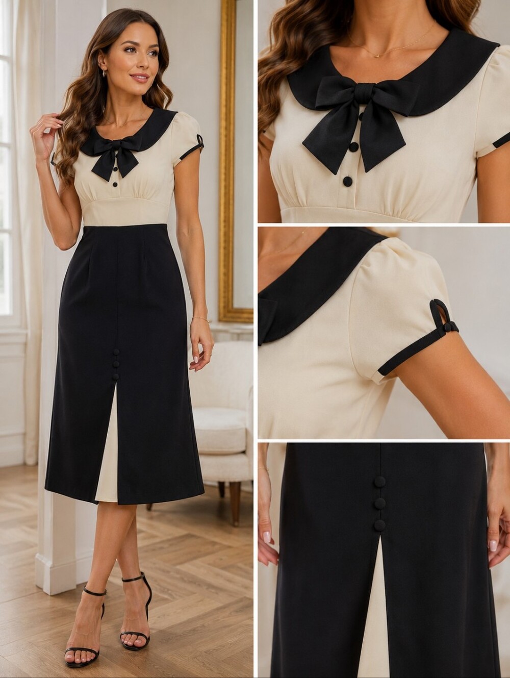 Stop Staring Cream and Black Vintage-Inspired Midi Dress with Bow Collar Medium